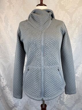 New Balance Quilted Full Zip Jacket w Hood Gray Zip Pockets Adj Neckline Size L